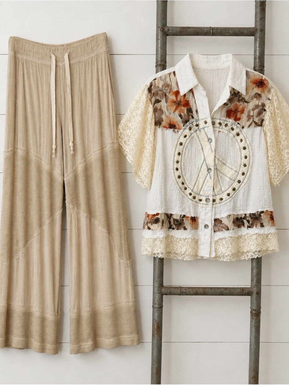 “Boho GirLie SET The Louann” Bestseller Wide-Leg Drawstring Pants and Peace Top